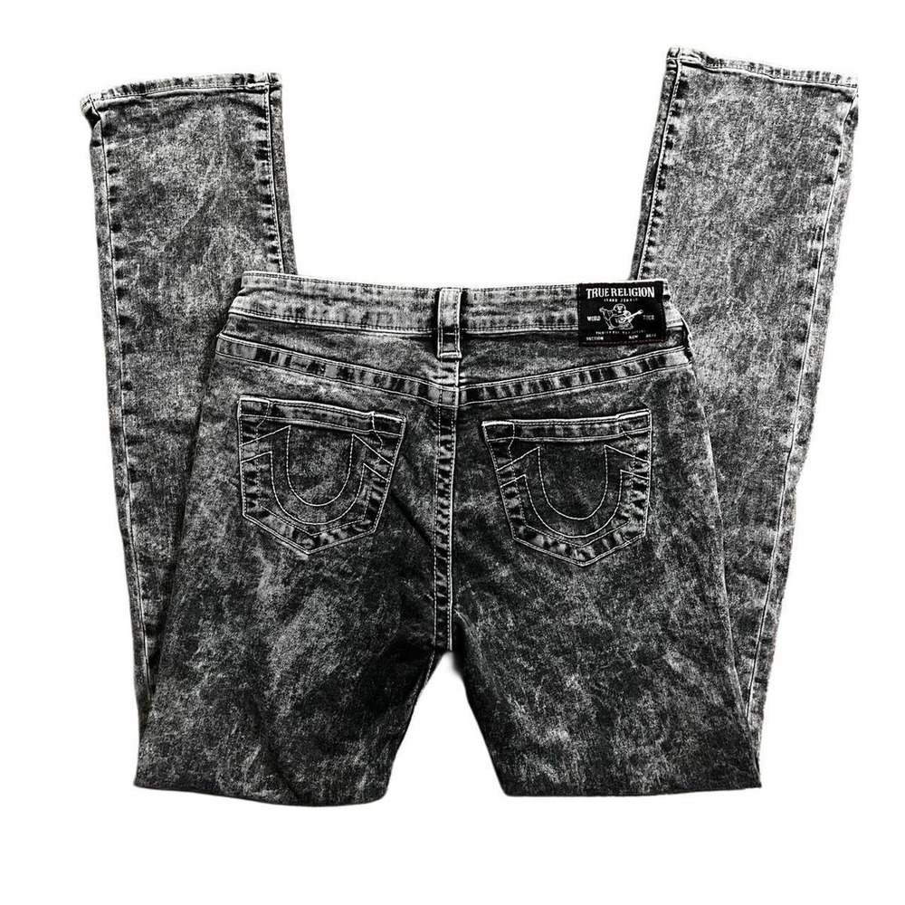 Authentic True Religion Billie jeans in a gray acid wash.